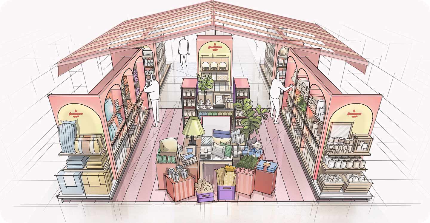 Sketch of retail store with shoppers viewing the products