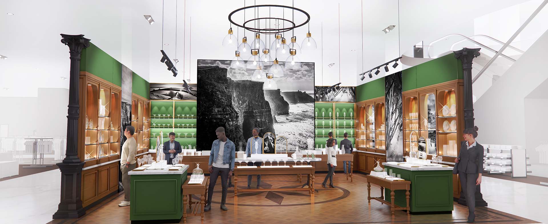 Rendering of shoppers admiring glass products