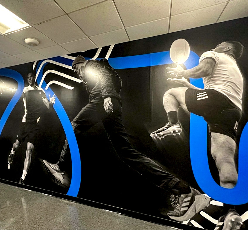 black and white basketball graphics and players. Blue line accent